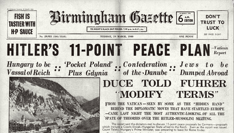 Overskrift i  Birmingham Gazette 19. March 1940