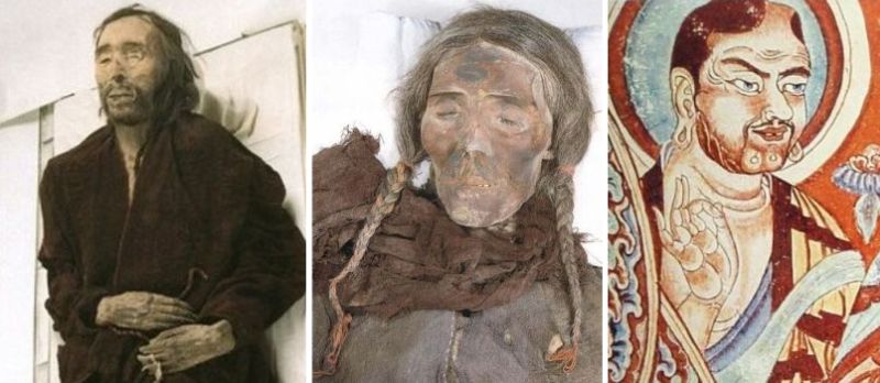 Kaukasiske typer i form af mumier og buddistiske hulemalerier fra Tarim Bækken