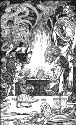 The dwarfs Sindre and Brok forge the hammer Mjoelner
