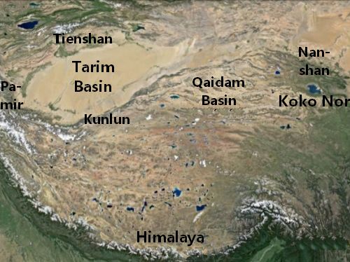 Tibetan High Plains with Koko Nor, Qaidam Basin, Tarim Basin and the mountain ranges Himalay, Pamir, Tienshan, Kunlun and Nanshan