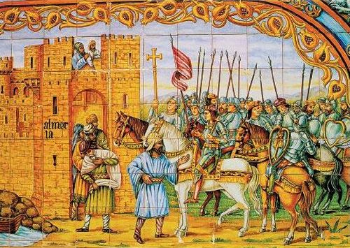 The Muslims of Granada surrender to the Catholic Monarchs, Ferdinand and Isabelle in 1459. It was the last Muslim state on the Iberian Peninsula