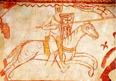 A mounted Knight Templar in battle in s detail of a mural in the Templar Chapel in Cressac, France
