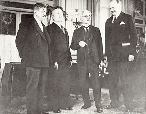 Pierre Laval, Mussolini, Ramsay MacDonald and premier Pierre Flandin in Stresa April 11. 1935